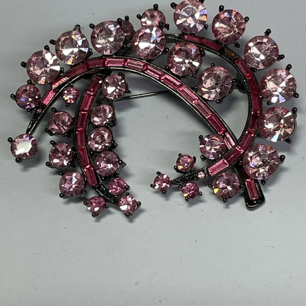 Pink Rhinestone Crescent Brooch - Picture 1 of 2